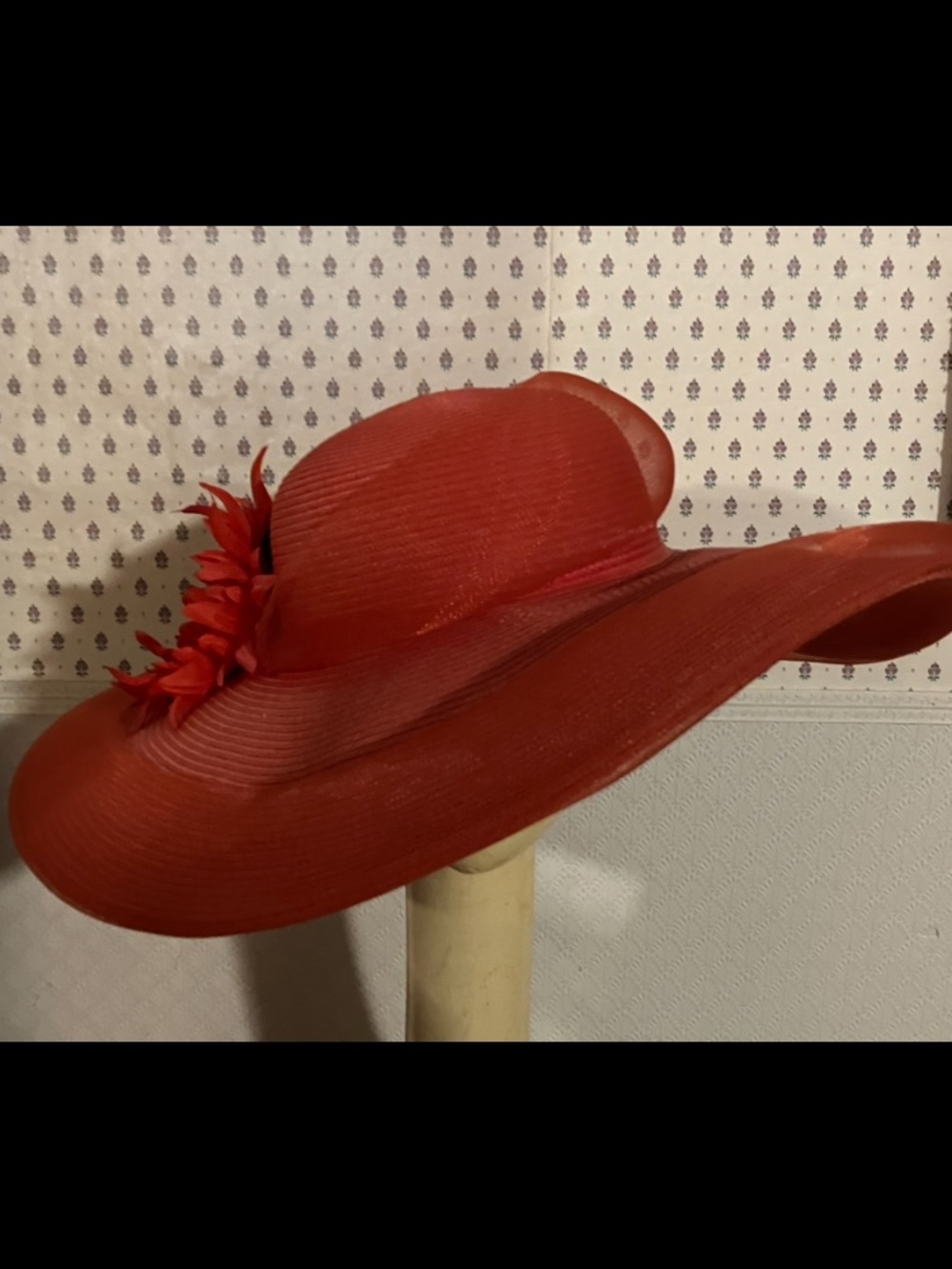 New August 18” Red Wide-Brim Women's Floral Accent Hat is So Stylish. - Picture 3 of 8